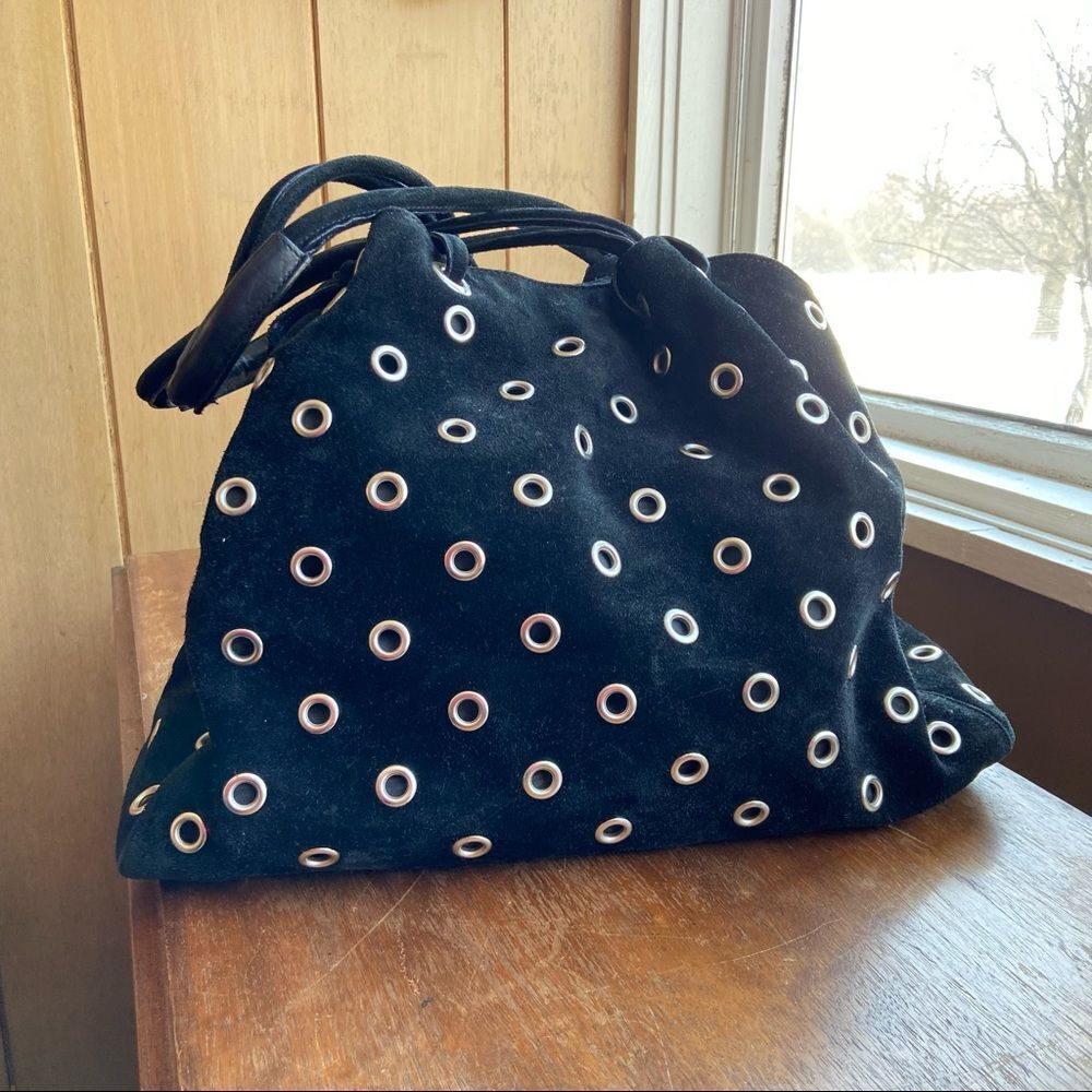 VTG 90s Jane August Luxury Black Suede Silver Grommet Eyelet Hobo Bag Purse